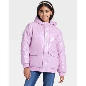 Girls' Size XS 4 5 Hooded Puffer Jacket - Cat & Jack Mauve Shimmer